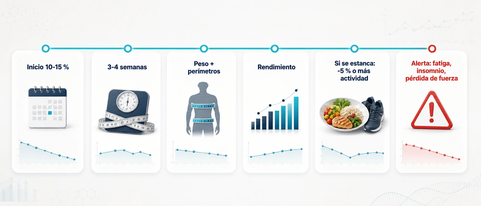 Linea de proceso para ajustar el deficit calorico cada tres o cuatro semanas segun peso, perimetros y rendimiento