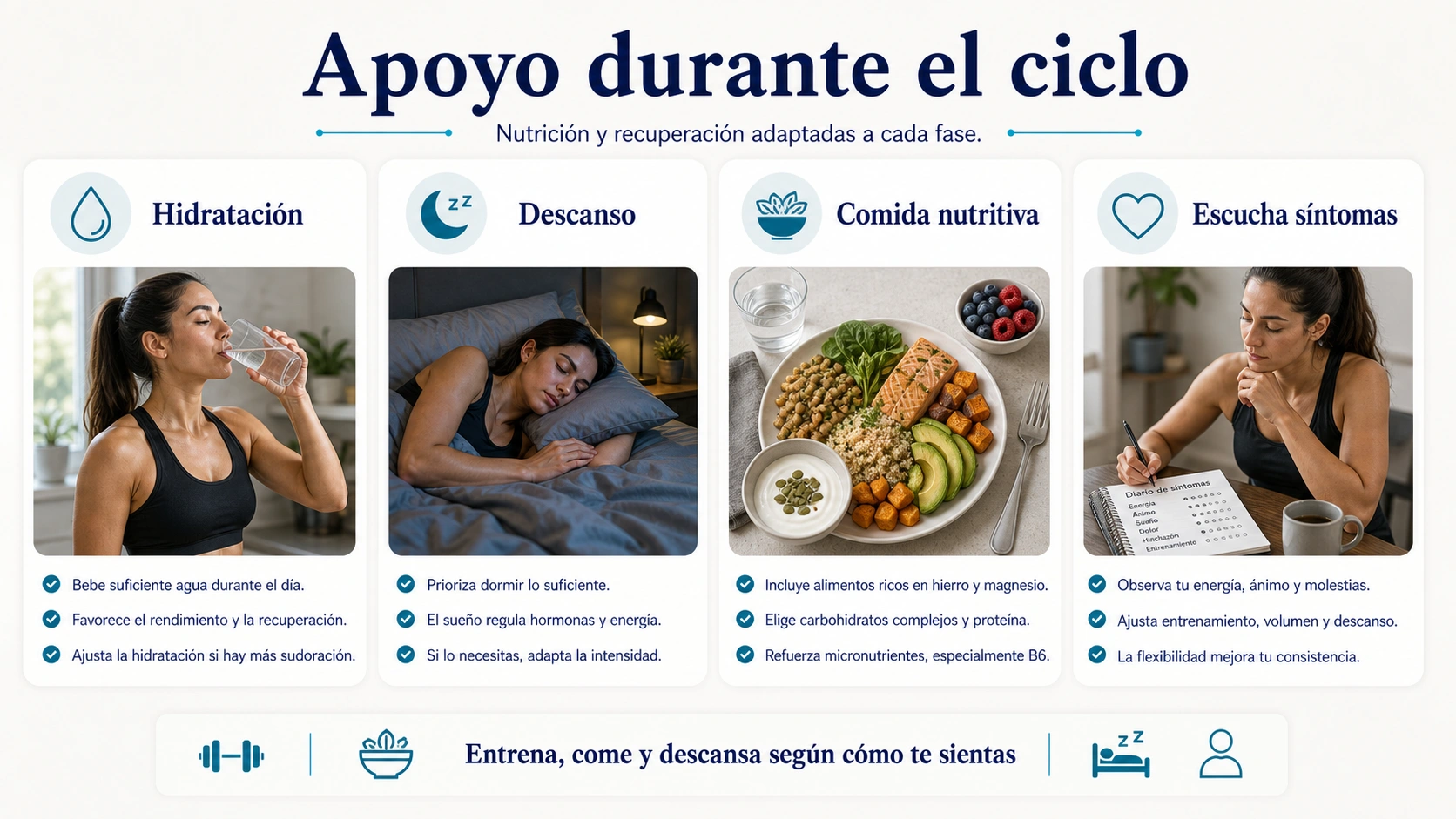 Apoyo durante el ciclo menstrual con hidratacion descanso comida nutritiva y escucha de sintomas