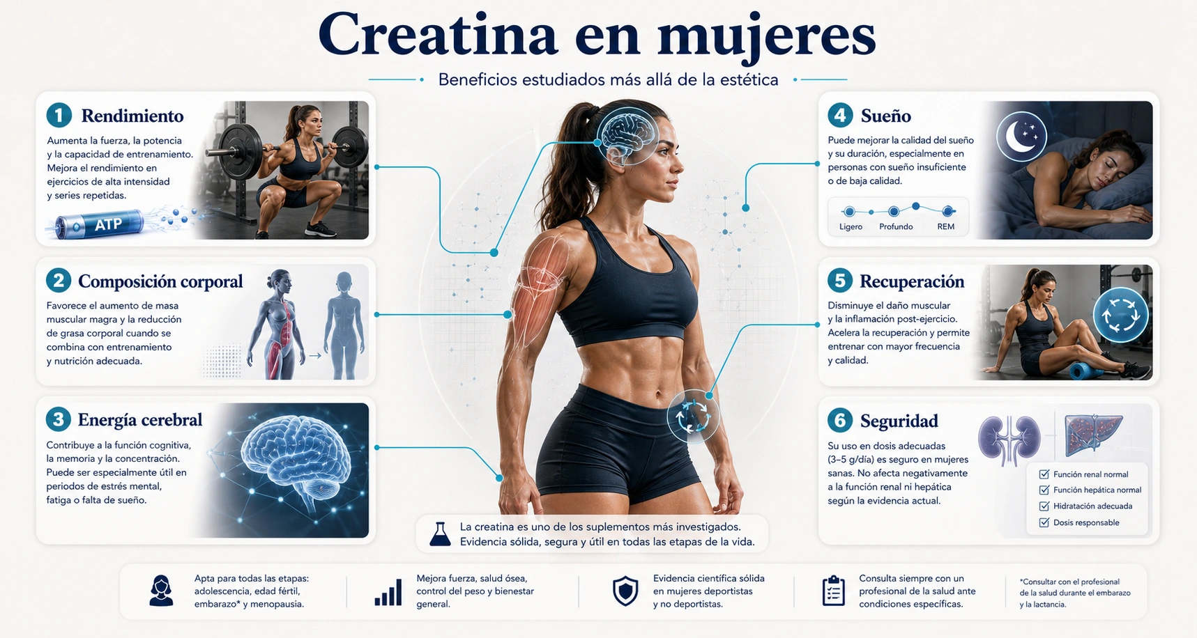 Beneficios de la creatina en mujeres con rendimiento composicion corporal energia cerebral sueno recuperacion y seguridad