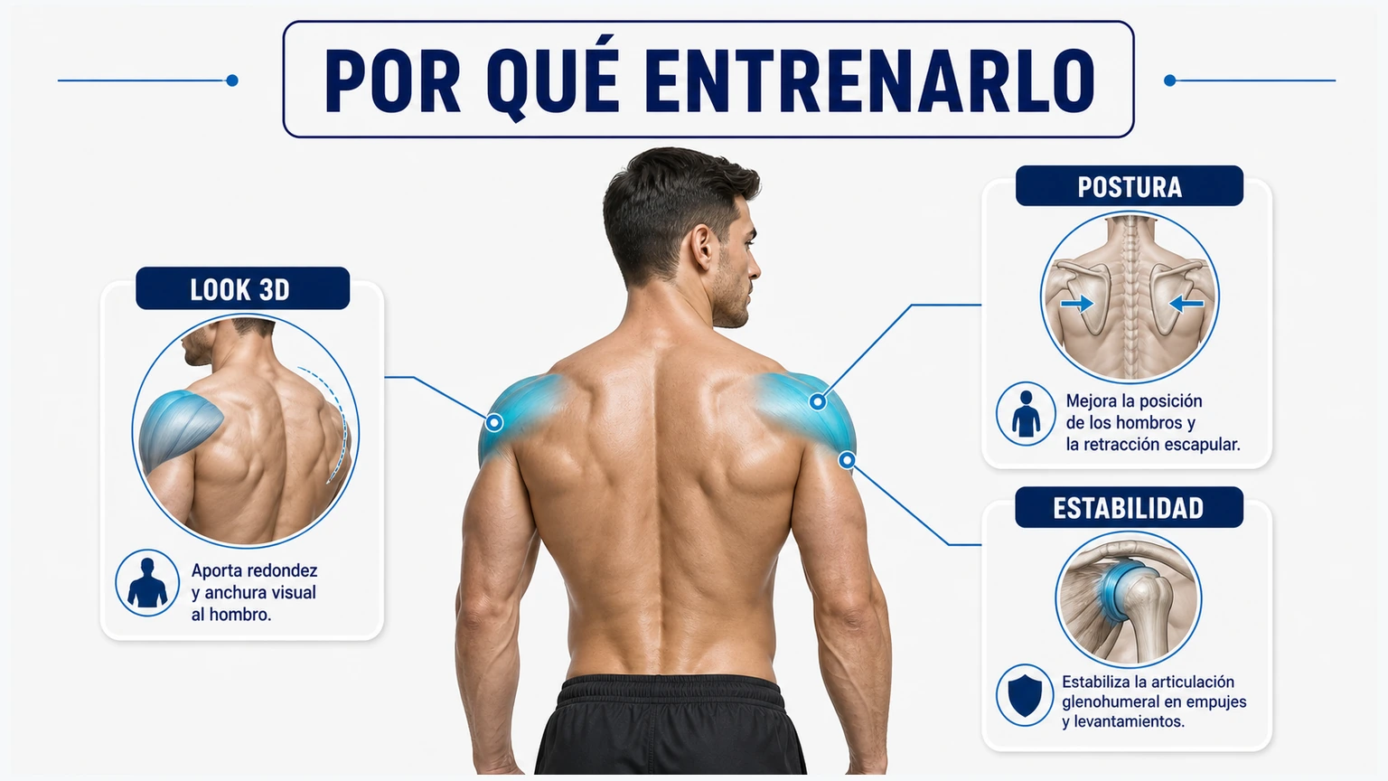 Infografía de beneficios de entrenar deltoides posterior para look 3D postura y estabilidad del hombro