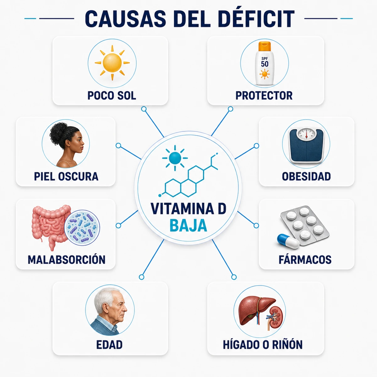 Mapa conceptual con causas del déficit de vitamina D como poco sol protector piel oscura obesidad malabsorción fármacos edad e hígado o riñón