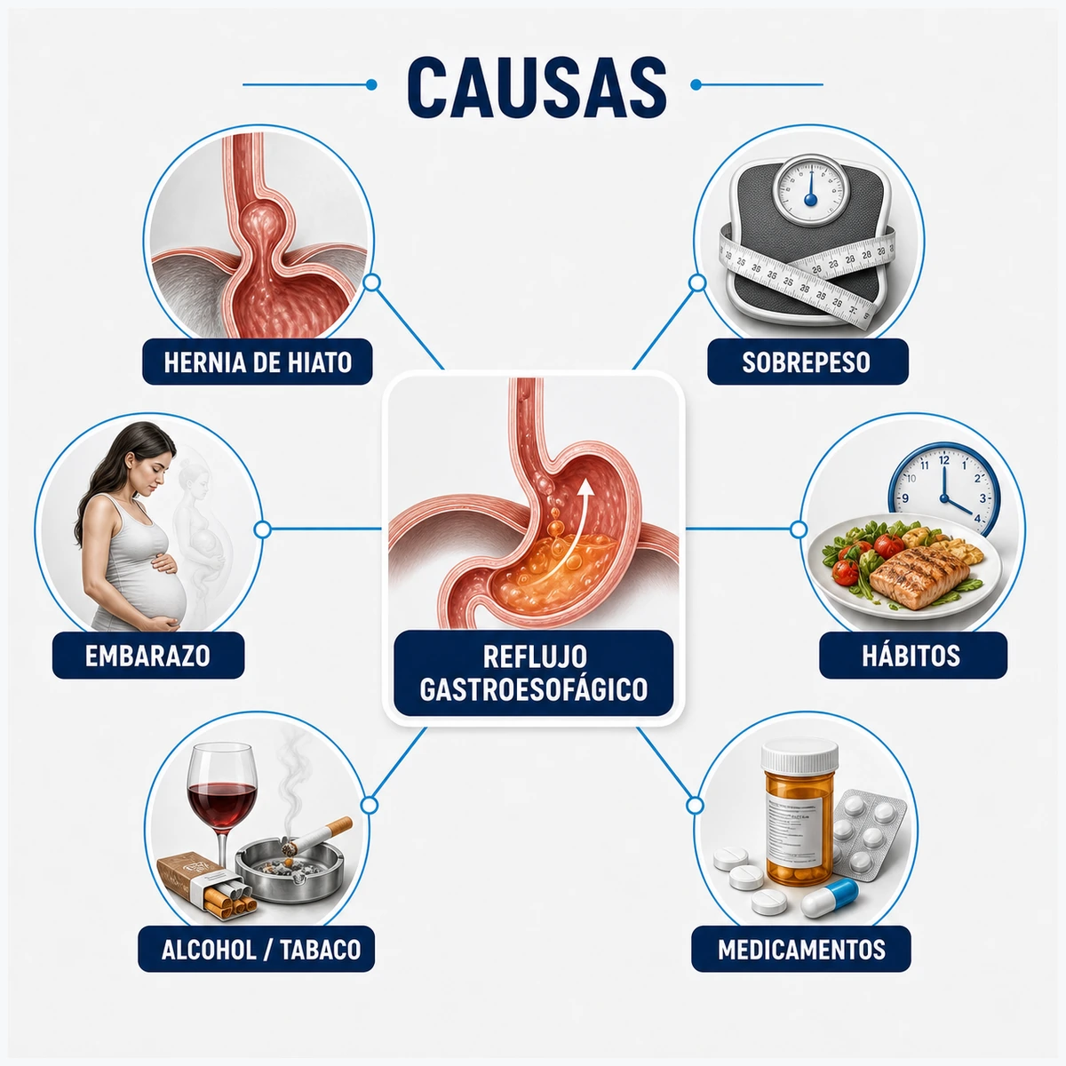 Mapa conceptual de causas del reflujo con hernia de hiato sobrepeso embarazo hábitos alcohol tabaco y medicamentos