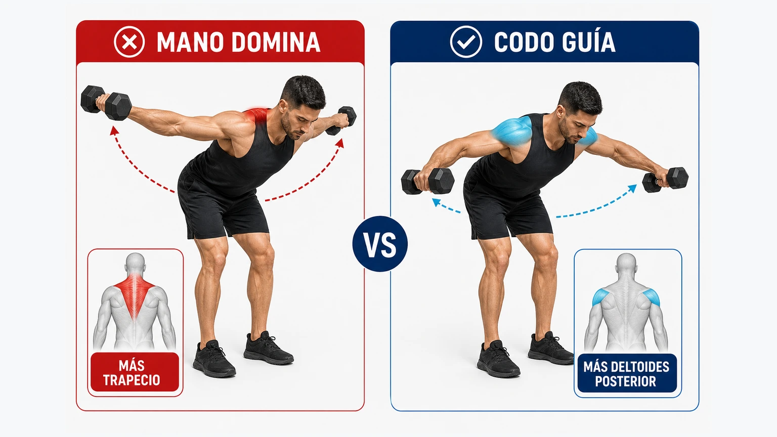 Comparativa técnica de pájaros con mancuernas entre mano dominante y codo guiando el movimiento