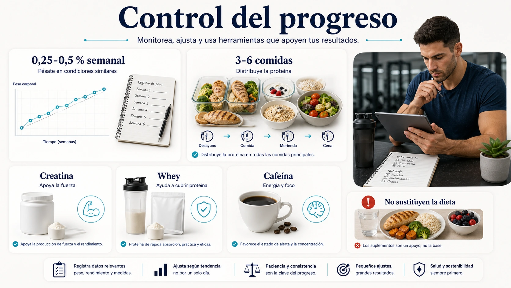 Control del progreso para ganar masa muscular con cero coma veinticinco a cero coma cinco por ciento semanal tres a seis comidas creatina whey cafeina y dieta