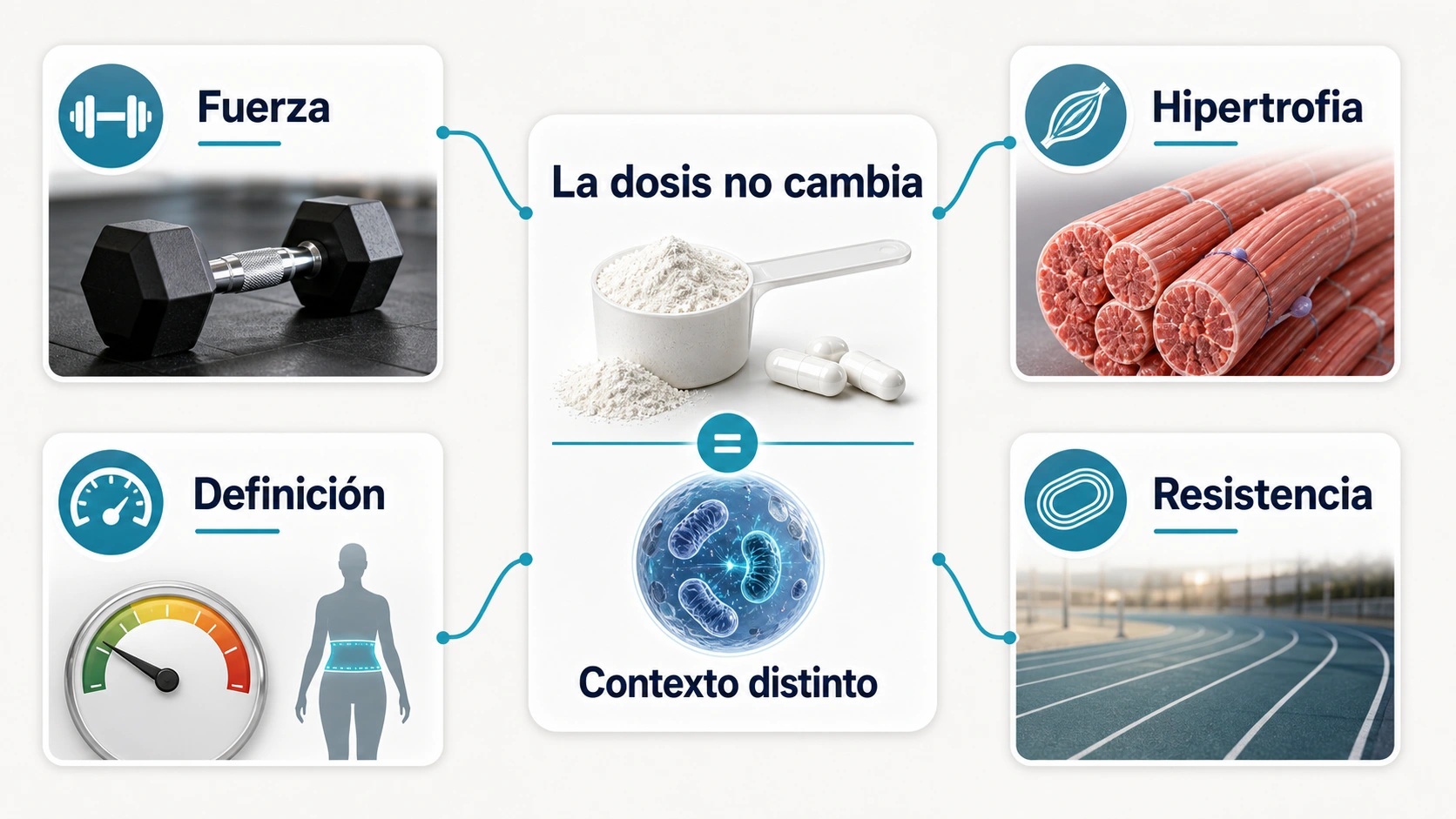 Infografia sobre dosis de creatina segun objetivo fuerza hipertrofia definicion y resistencia con la misma dosis base