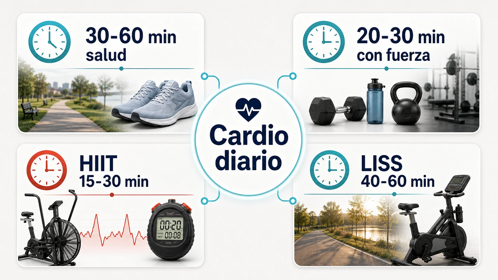 Infografia de cuanto cardio hacer al dia con treinta a sesenta minutos salud veinte a treinta con fuerza HIIT y LISS