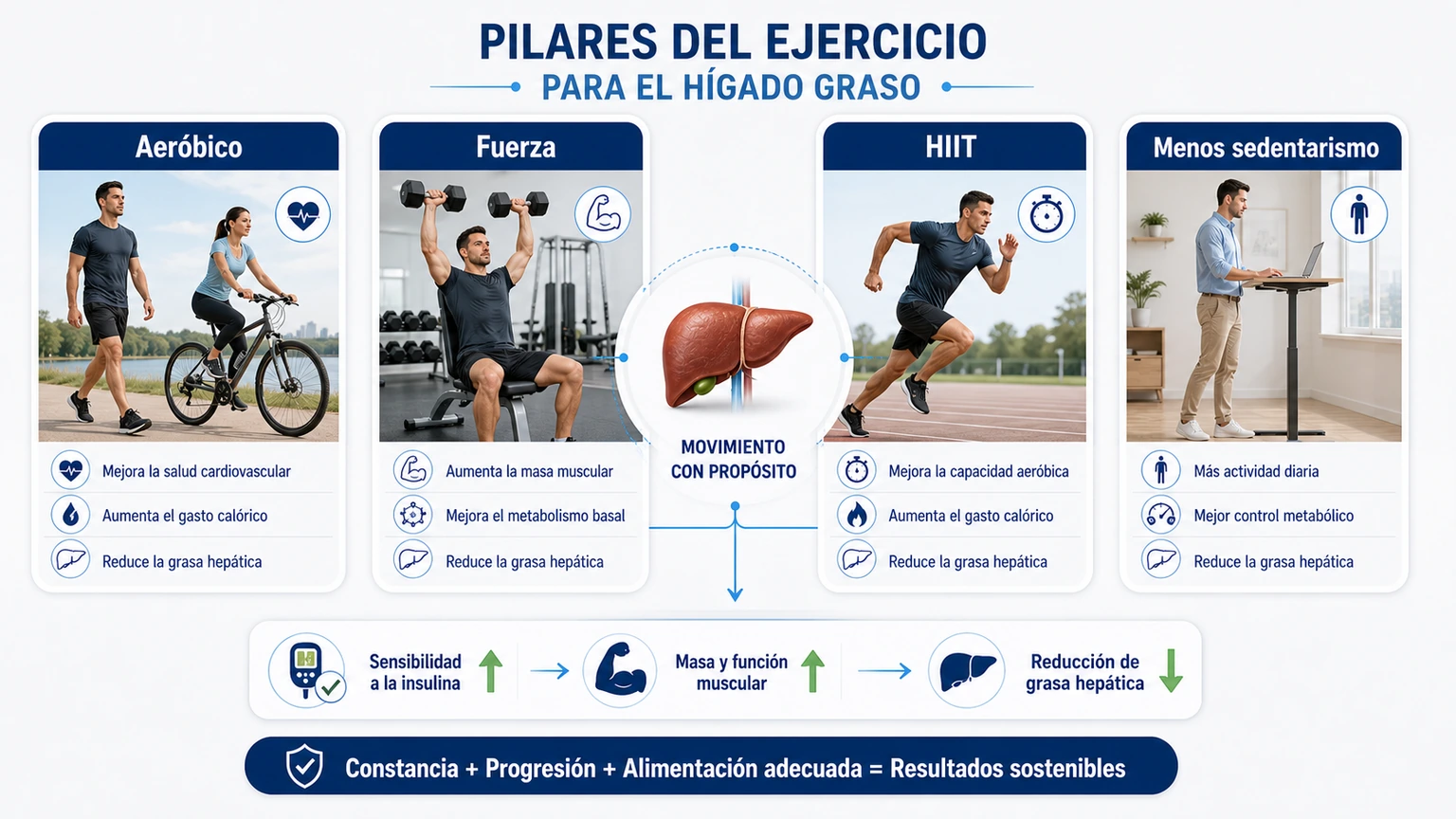Infografía de ejercicio para hígado graso con aeróbico fuerza HIIT y menos sedentarismo