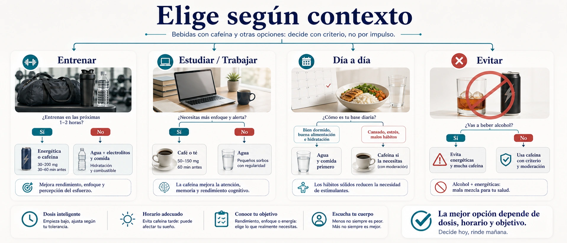 Decision practica para elegir bebida energetica cafe agua o descanso segun contexto de entrenamiento estudio y dia a dia