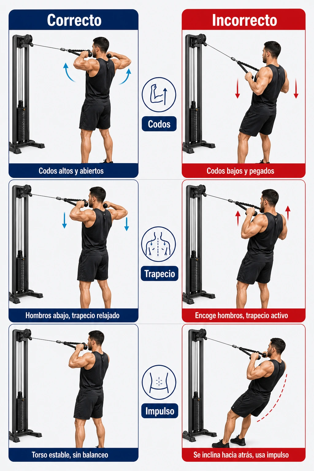 Infografía de errores del face pull con cuerda y polea realistas