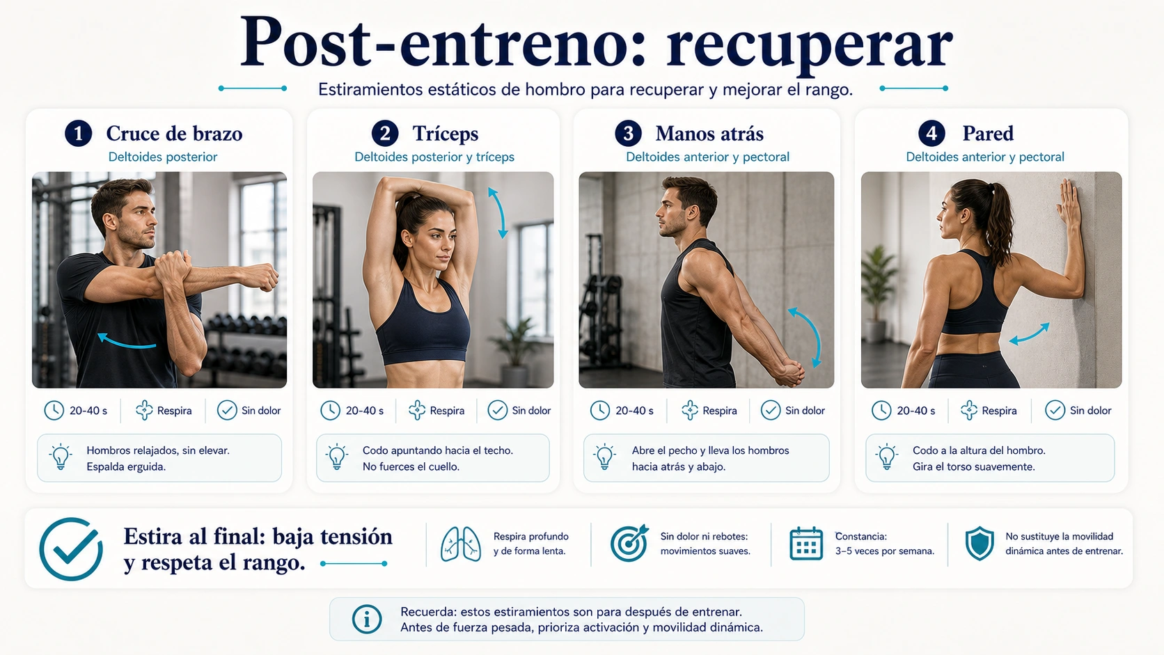 Estiramientos de hombro postentreno con cruce de brazo triceps manos atras y pared