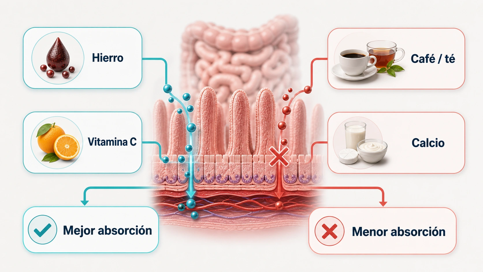 Diagrama de absorcion del hierro con vitamina C y menor absorcion con cafe te y calcio