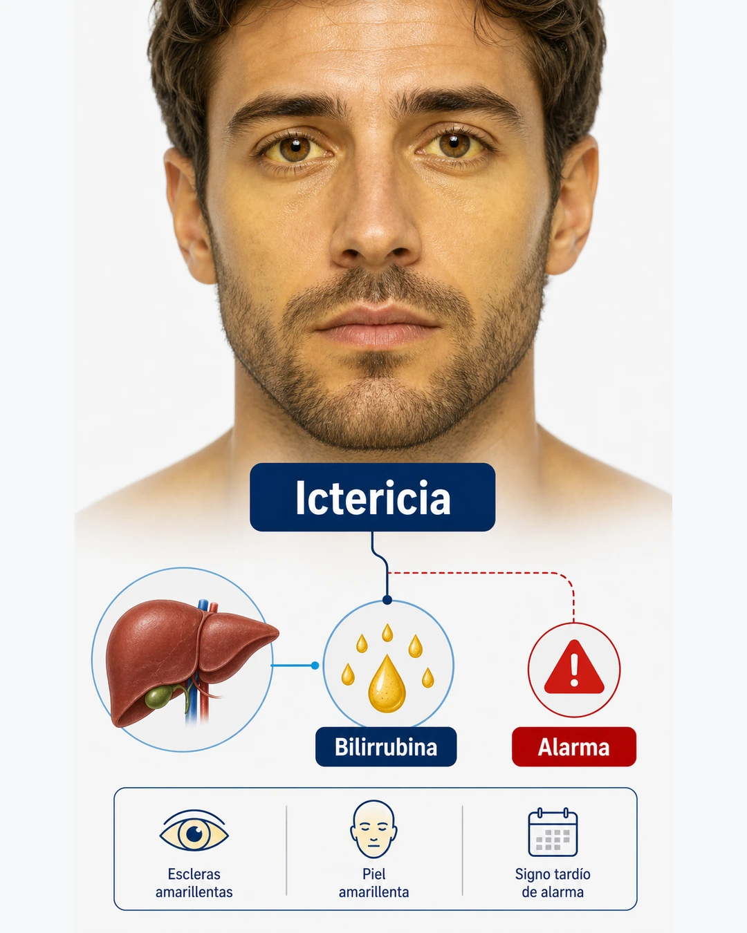 Ilustración clínica de ictericia bilirrubina y señal de alarma hepática