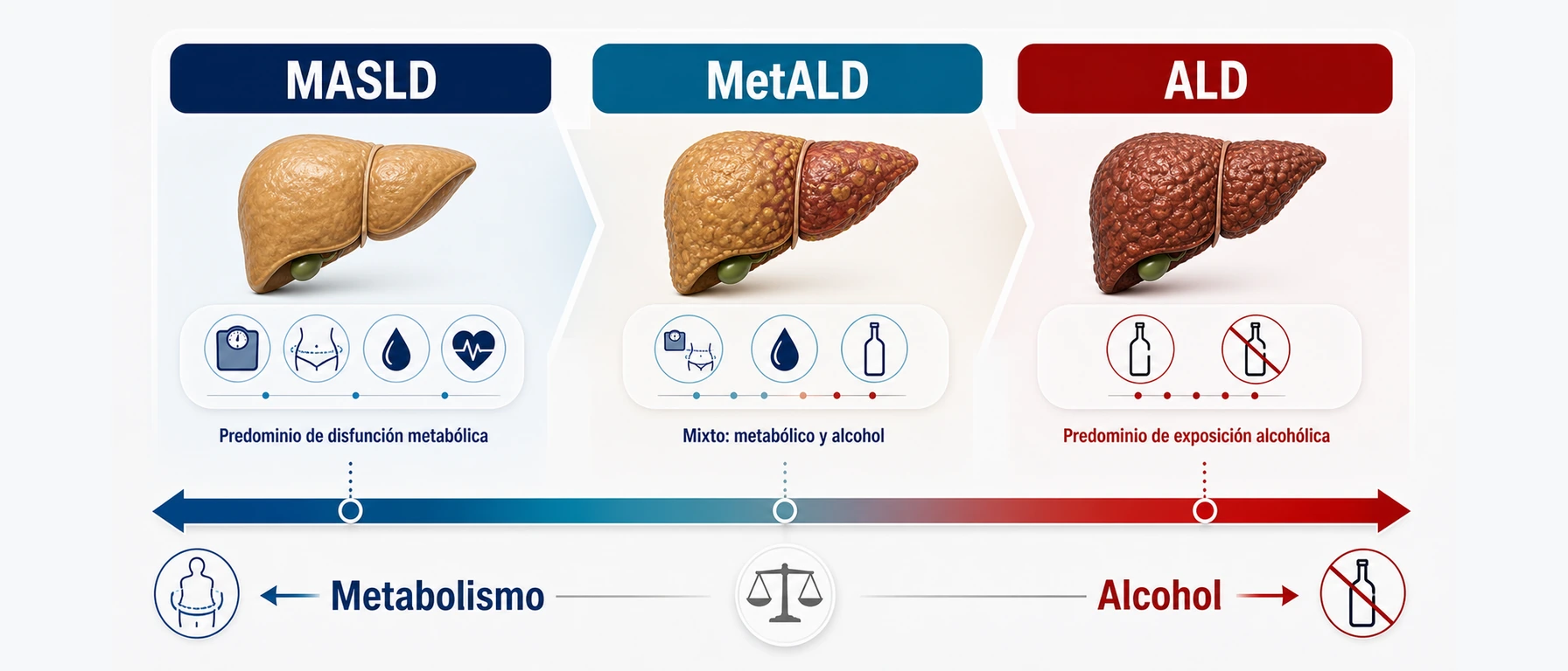 Continuum clínico entre MASLD MetALD y ALD según metabolismo y alcohol