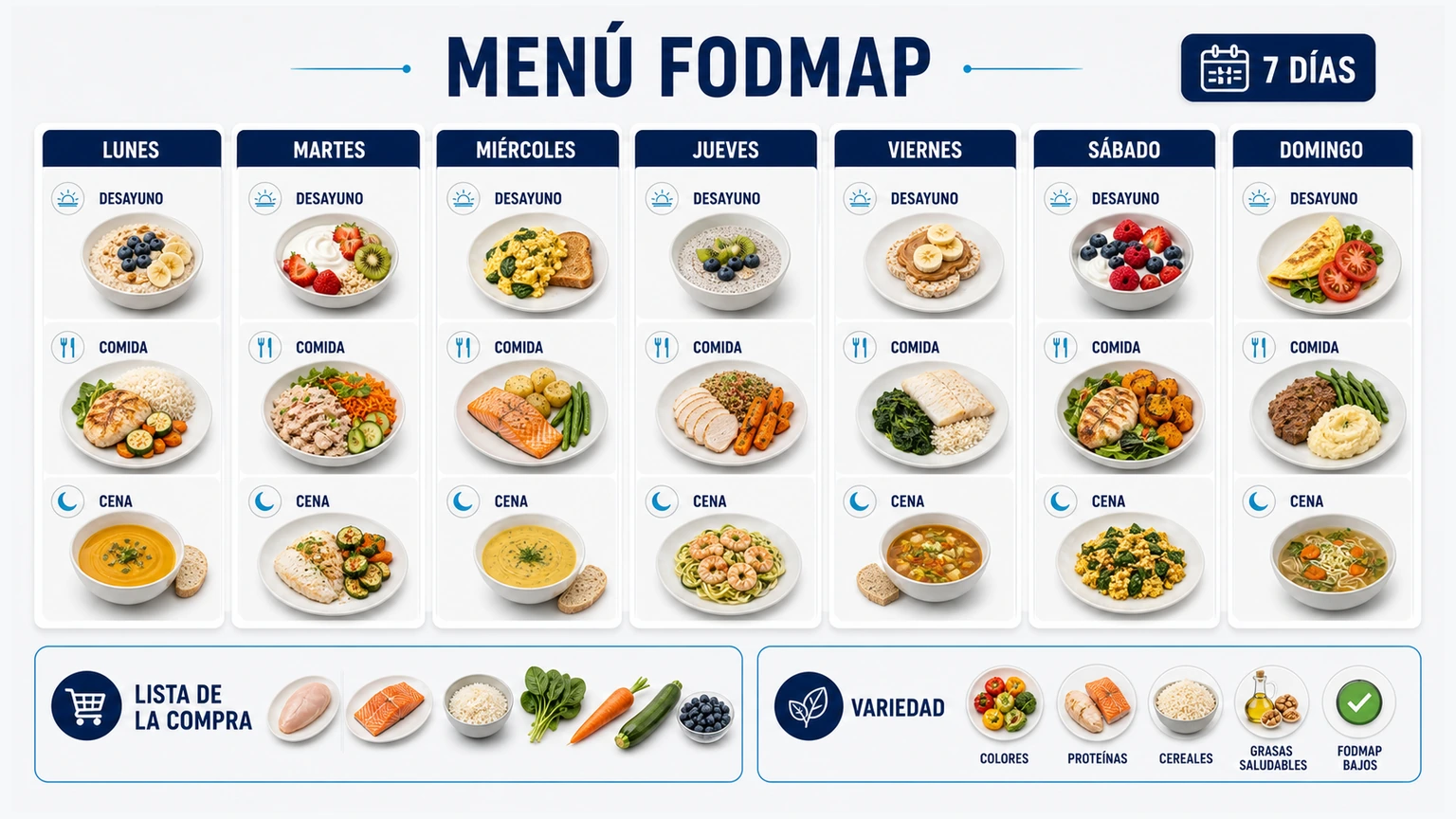 Planificador editorial de menú FODMAP semanal con siete días desayuno comida cena y lista de compra