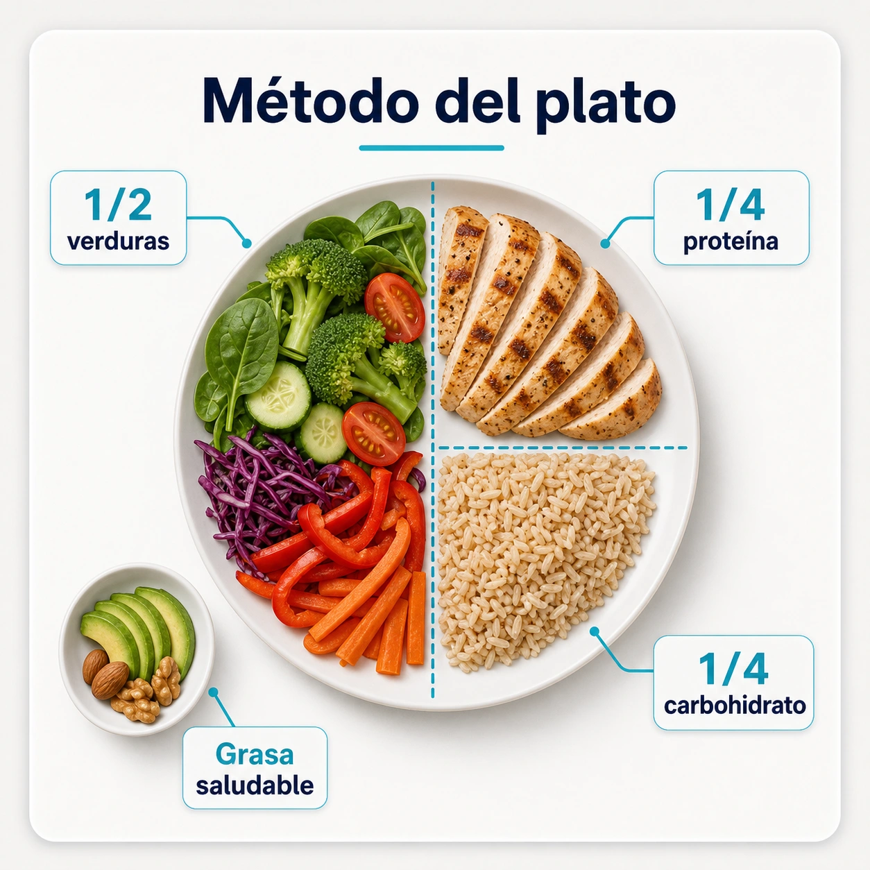 Metodo del plato para perder grasa con media parte de verduras un cuarto de proteina un cuarto de carbohidrato y grasa saludable