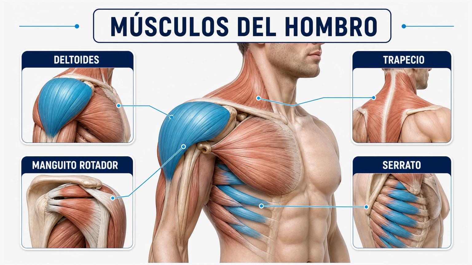 Anatomía de músculos del hombro con deltoides manguito rotador trapecio y serrato