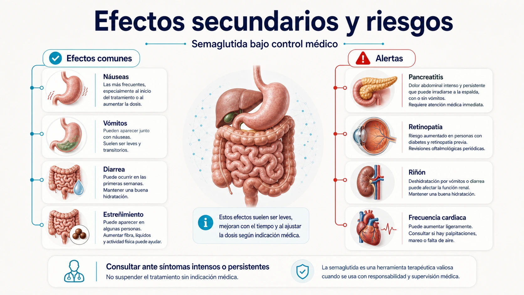 Efectos secundarios y riesgos de semaglutida con nauseas vomitos diarrea estrenimiento pancreatitis retinopatia rinon y frecuencia cardiaca