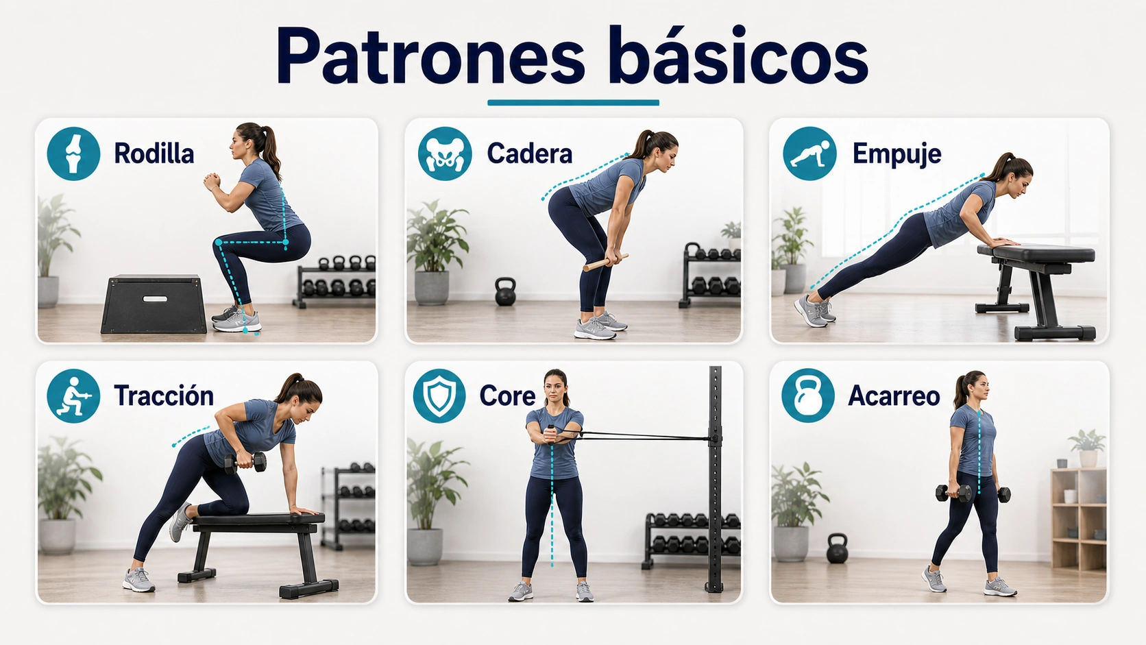 Patrones basicos de entrenamiento funcional con rodilla cadera empuje traccion core y acarreo