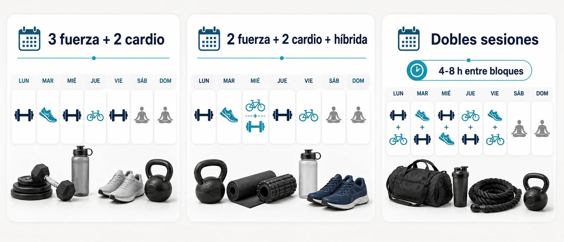 Plantillas semanales para combinar fuerza y cardio con tres fuerza y dos cardio dos fuerza dos cardio e hibrida y dobles sesiones