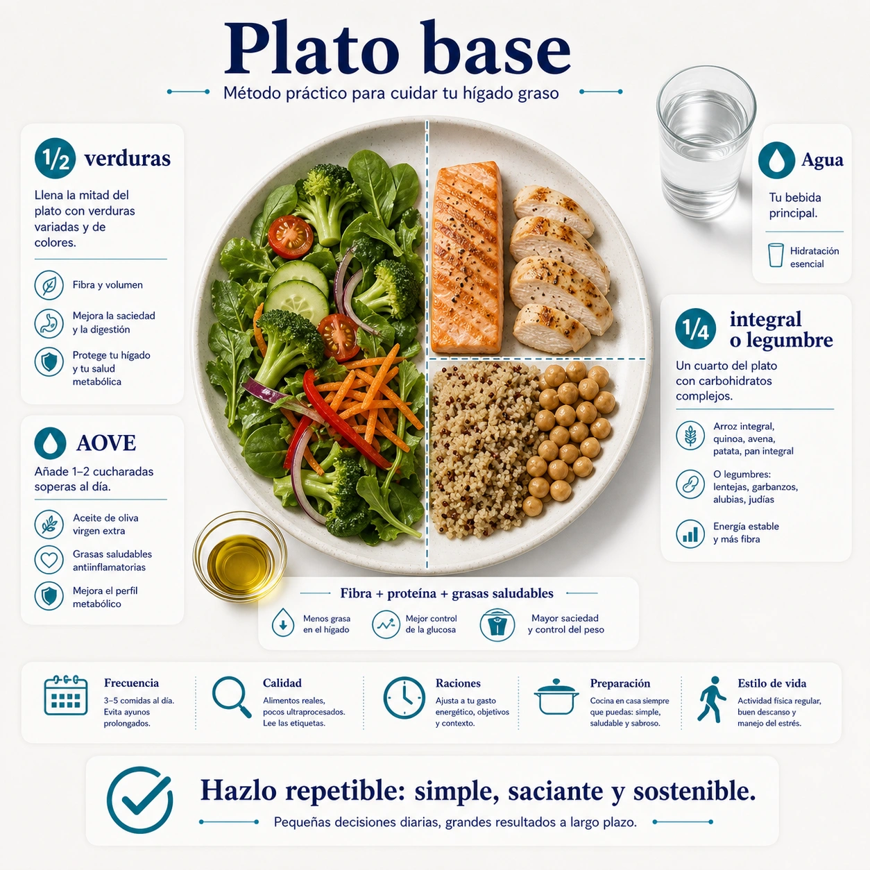 Plato base para higado graso con media racion de verduras proteina integral o legumbre aceite de oliva y agua