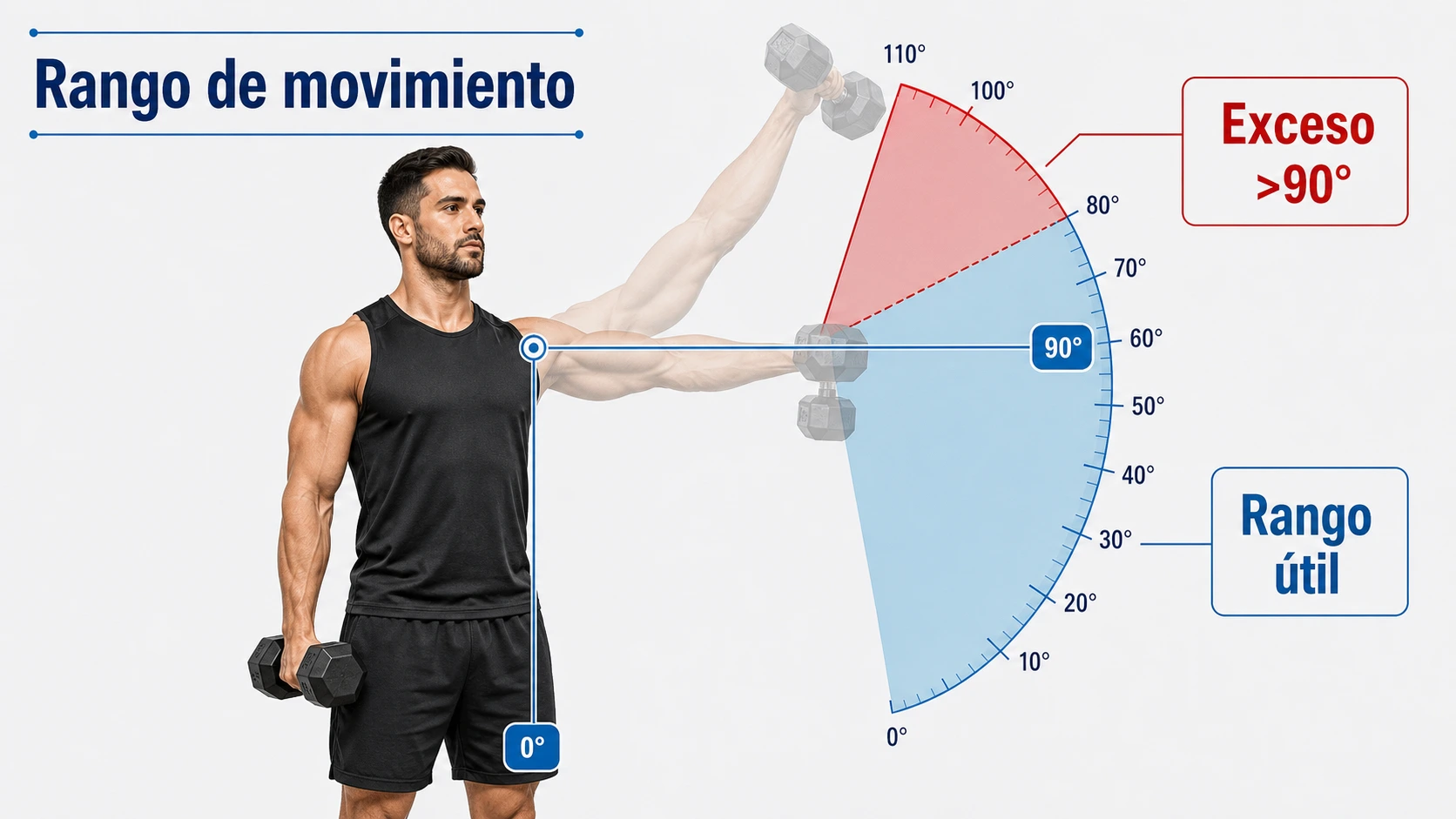 Infografía del rango de movimiento en elevaciones laterales con referencia a 90 grados