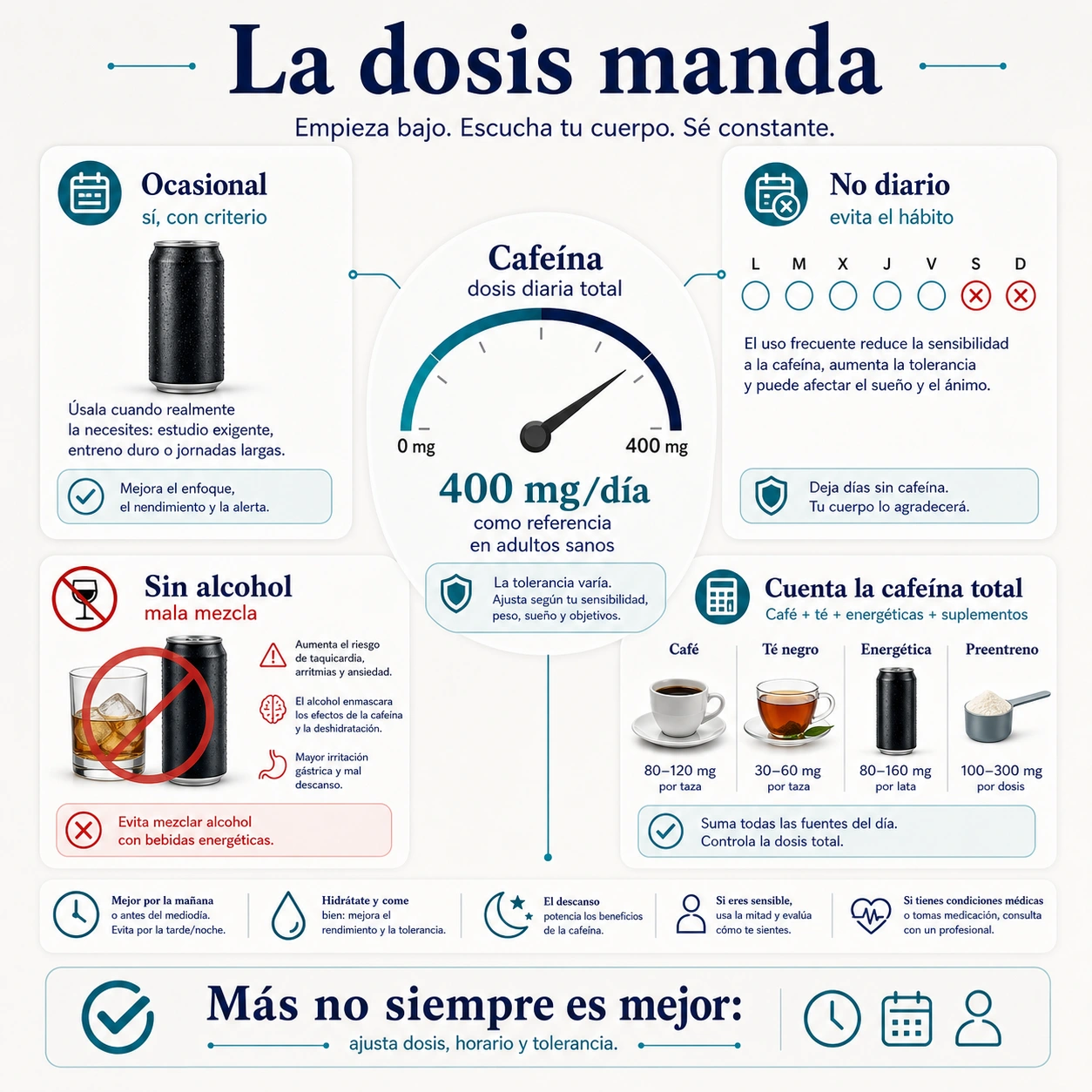 Dosis de cafeina en Red Bull consumo ocasional no diario evitar alcohol y contar cafeina total
