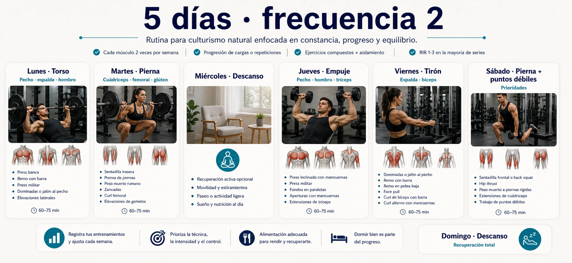 Rutina de culturismo natural de cinco dias frecuencia dos con torso pierna empuje tiron pierna y puntos debiles