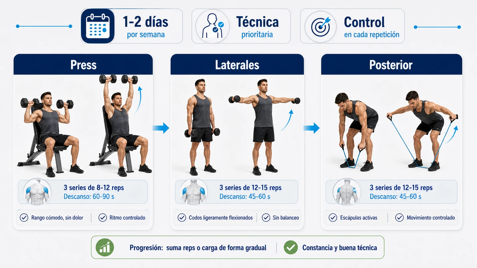 Rutina de hombro para principiantes con press elevaciones laterales y trabajo posterior