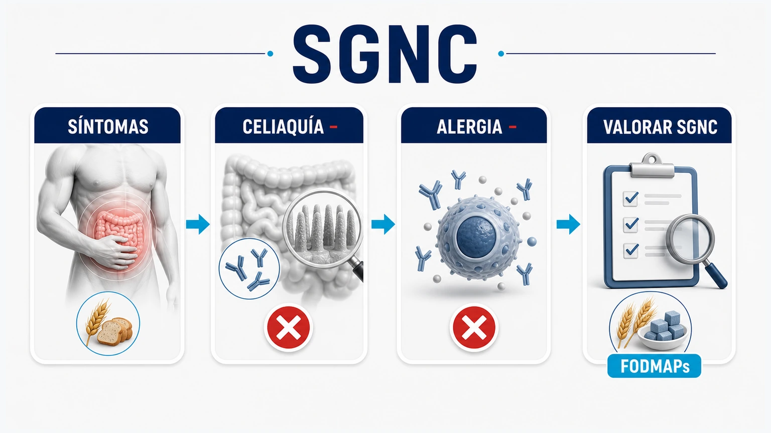 Flujo de diagnóstico por exclusión de sensibilidad al gluten no celíaca tras descartar celiaquía y alergia al trigo
