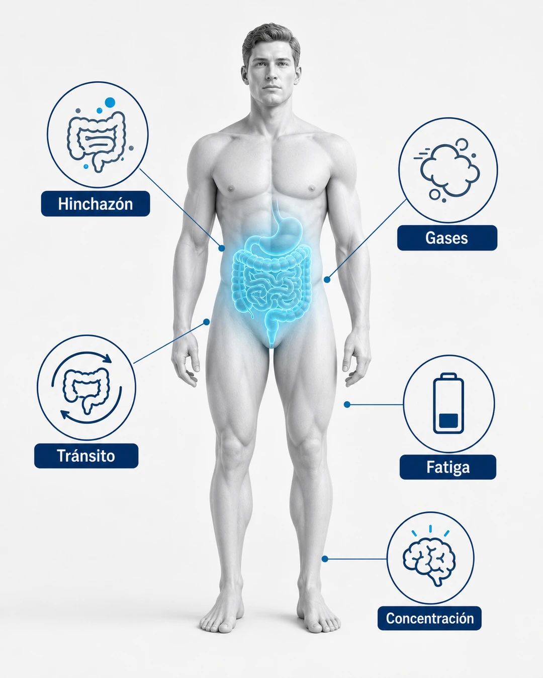 Ilustración de síntomas digestivos y extraintestinales asociados al SIBO