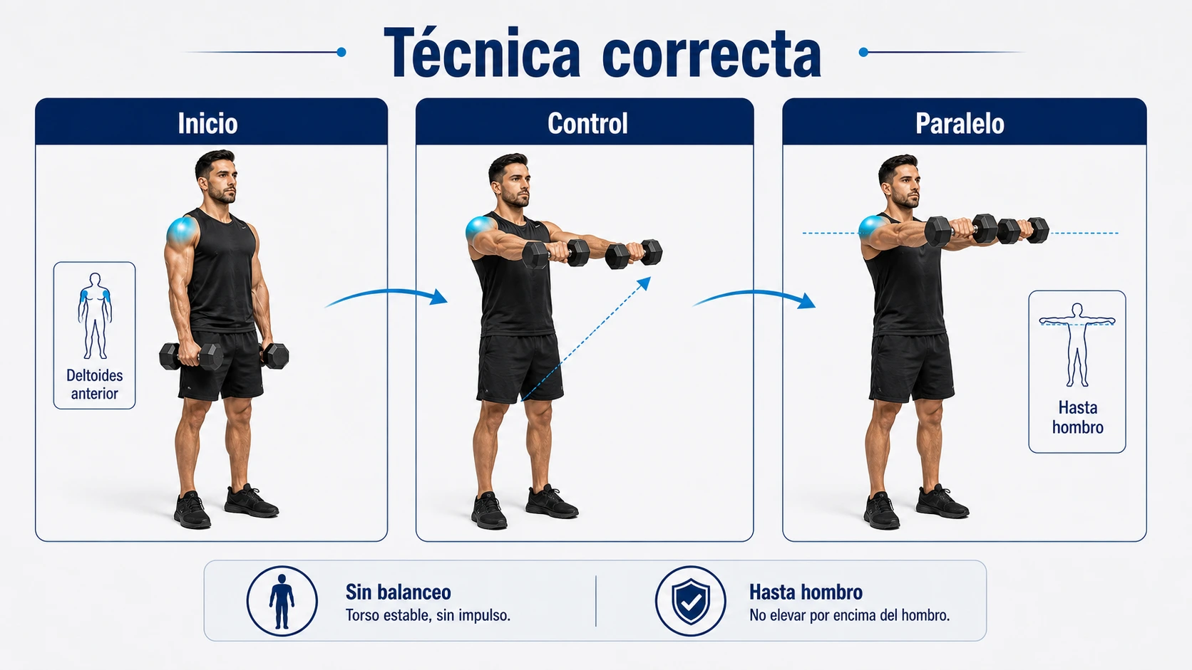 Infografía de técnica de elevaciones frontales con inicio control y paralelo