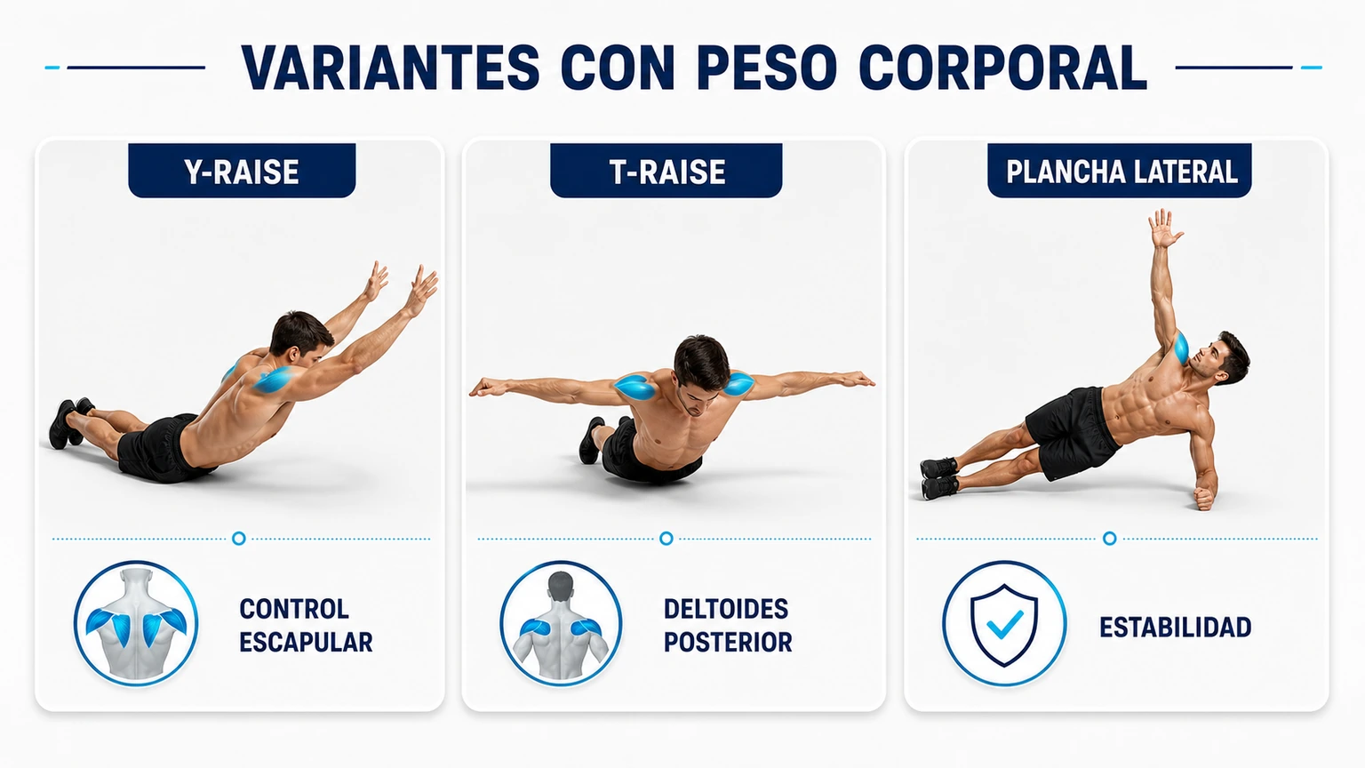 Comparativa visual de variantes con peso corporal para deltoides lateral Y raise T raise y plancha lateral