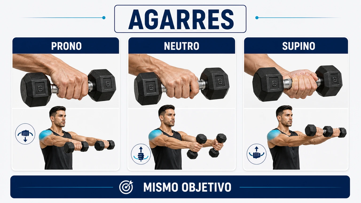 Comparativa de agarres prono neutro y supino en elevaciones frontales con mancuernas
