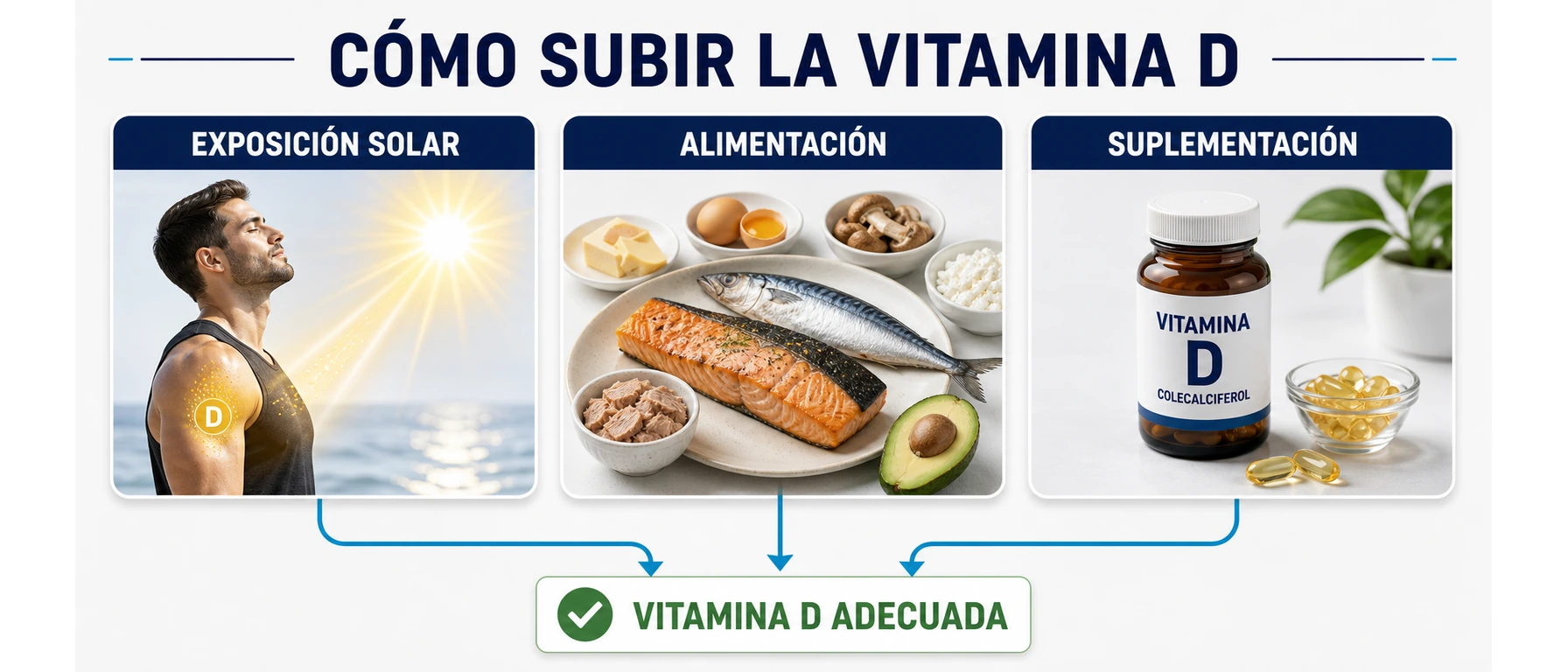 Infografía de tres palancas para subir vitamina D exposición solar alimentación y suplementación