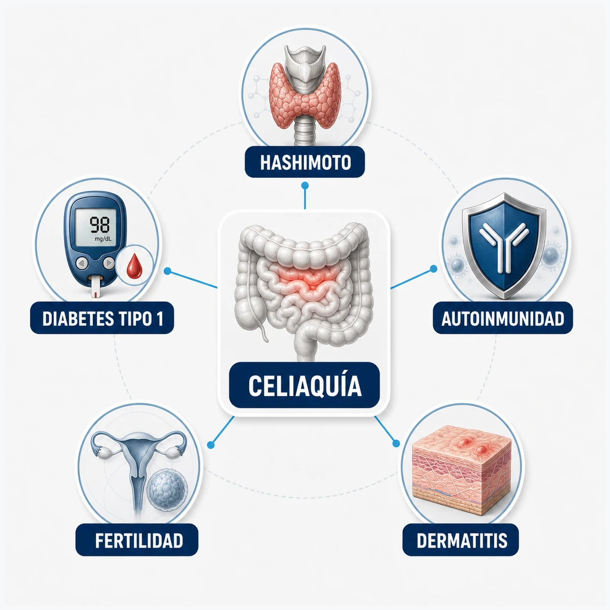 Mapa conceptual de comorbilidades de celiaquía con Hashimoto diabetes tipo 1 autoinmunidad fertilidad y dermatitis