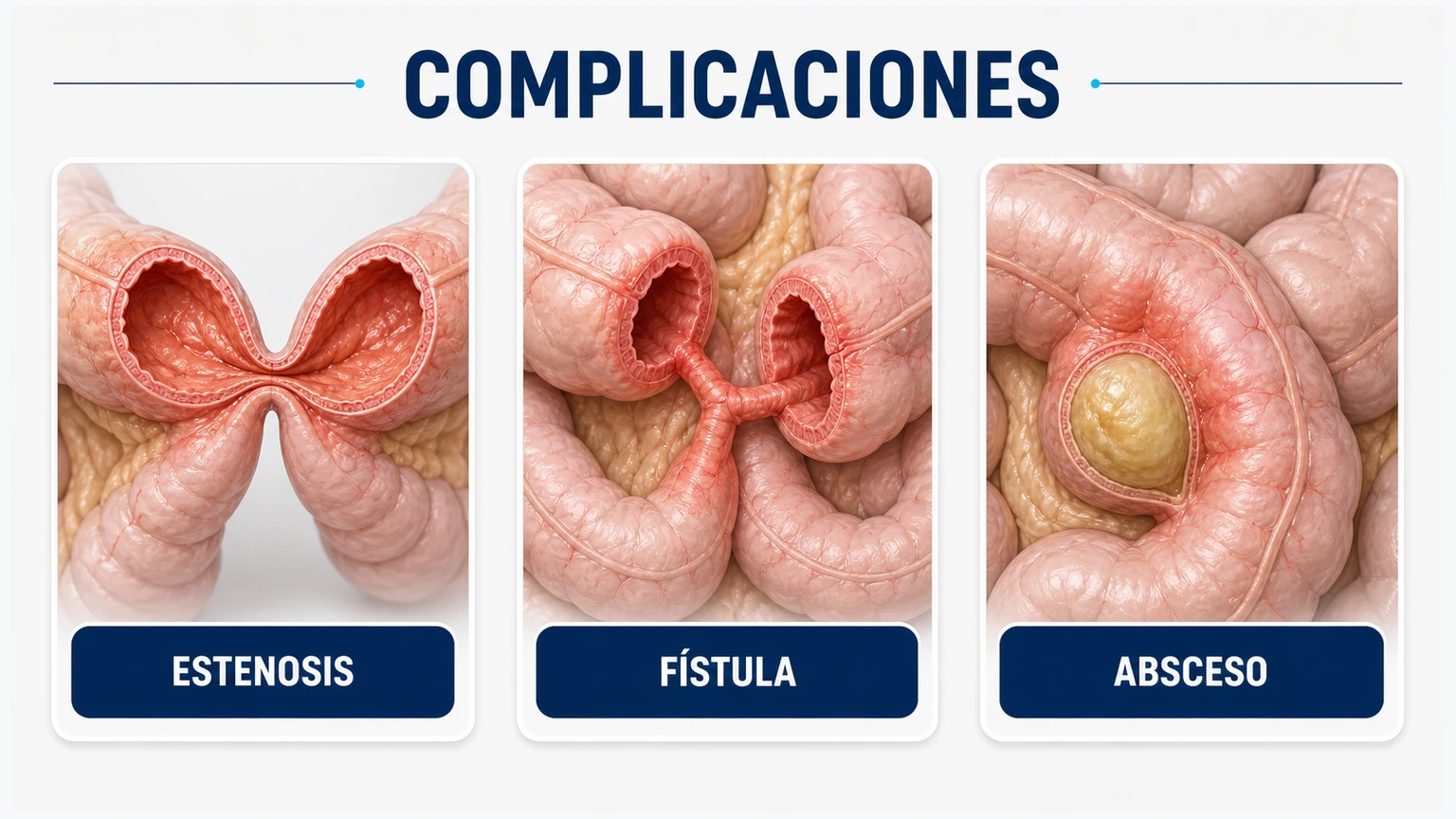 Comparativa anatómica de complicaciones del Crohn con estenosis fístula y absceso