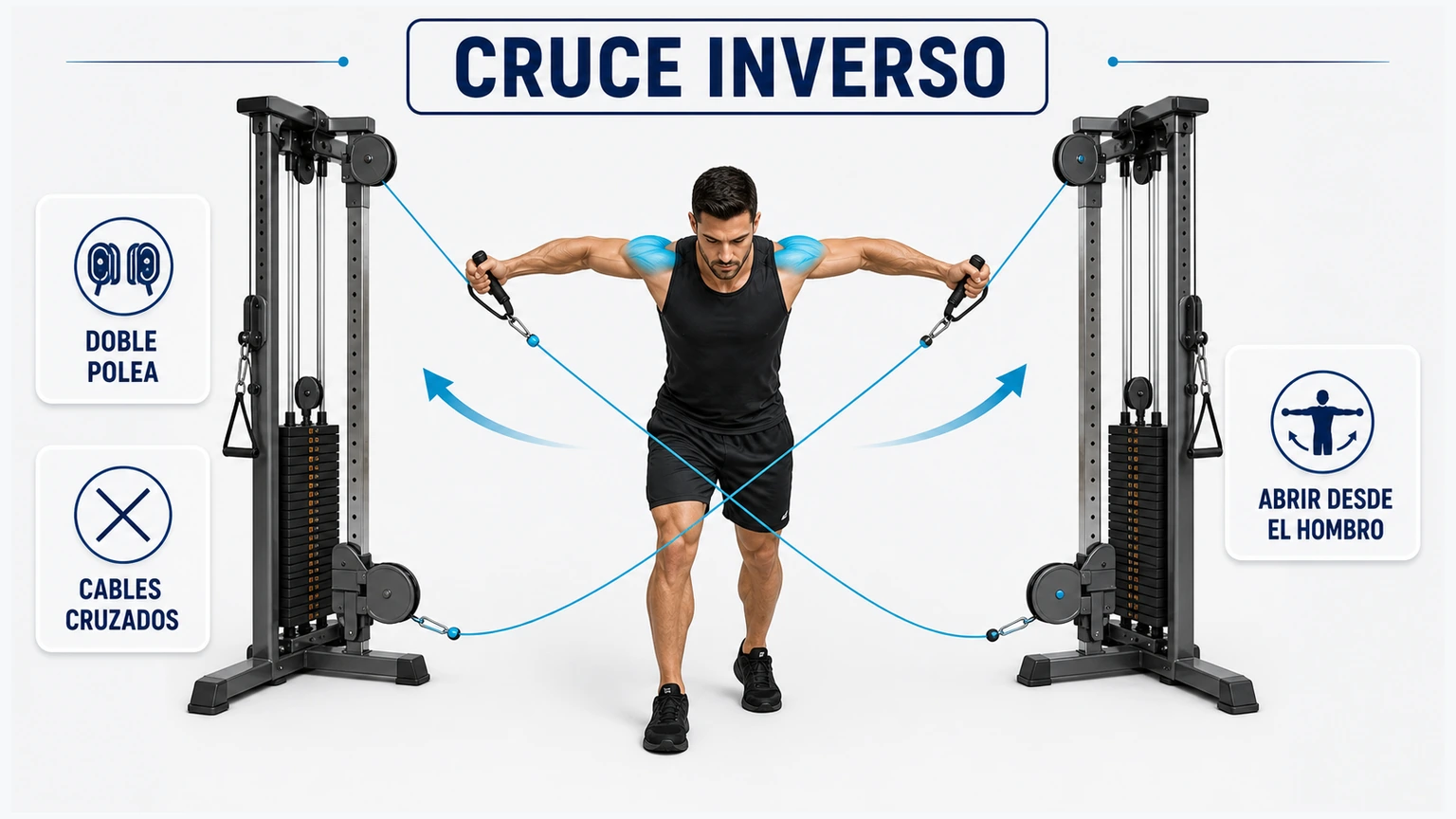 Ilustración técnica del cruce inverso en doble polea con cables cruzados y apertura desde el hombro