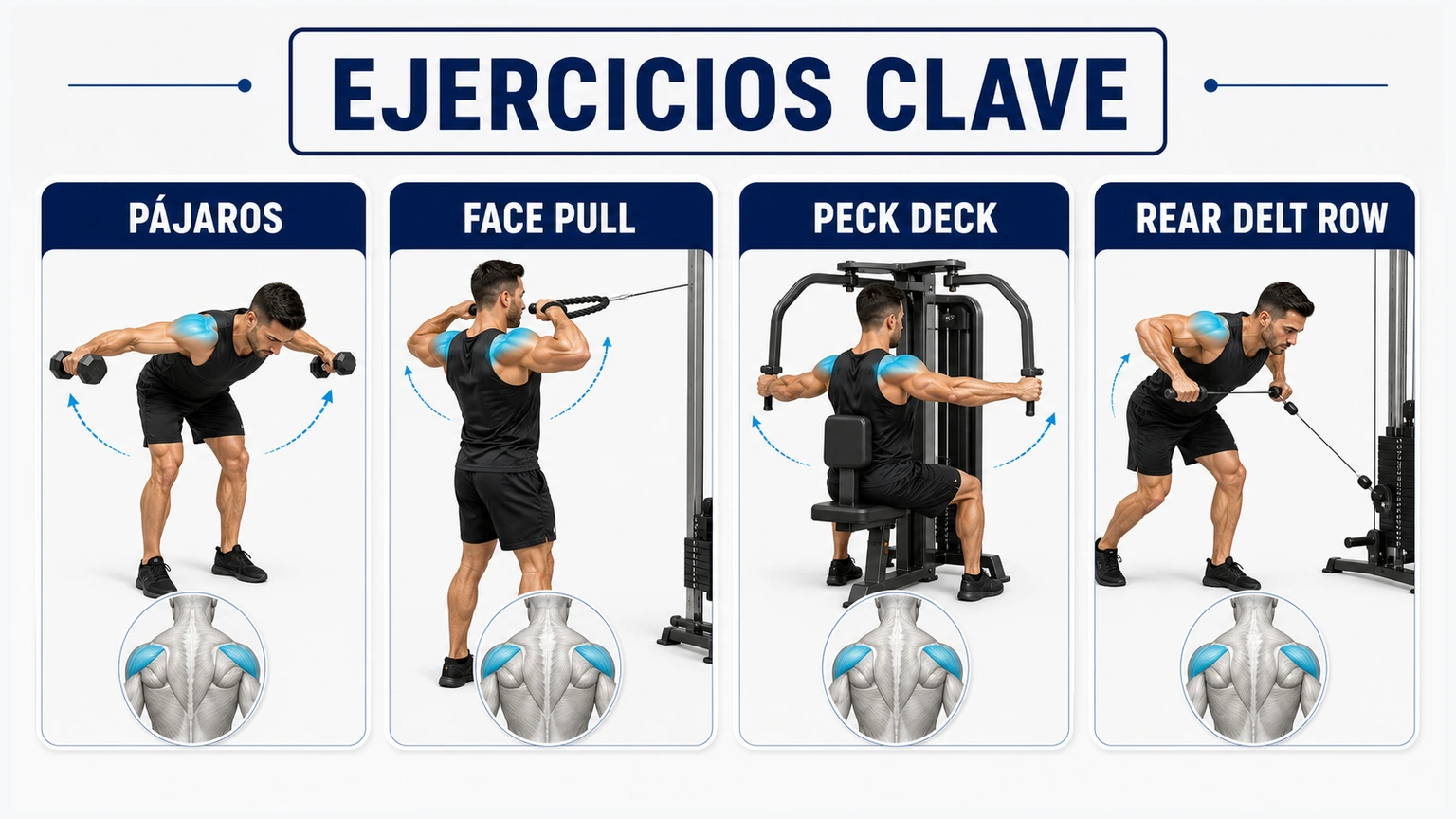Comparativa de ejercicios clave para deltoides posterior con pájaros face pull peck deck y rear delt row