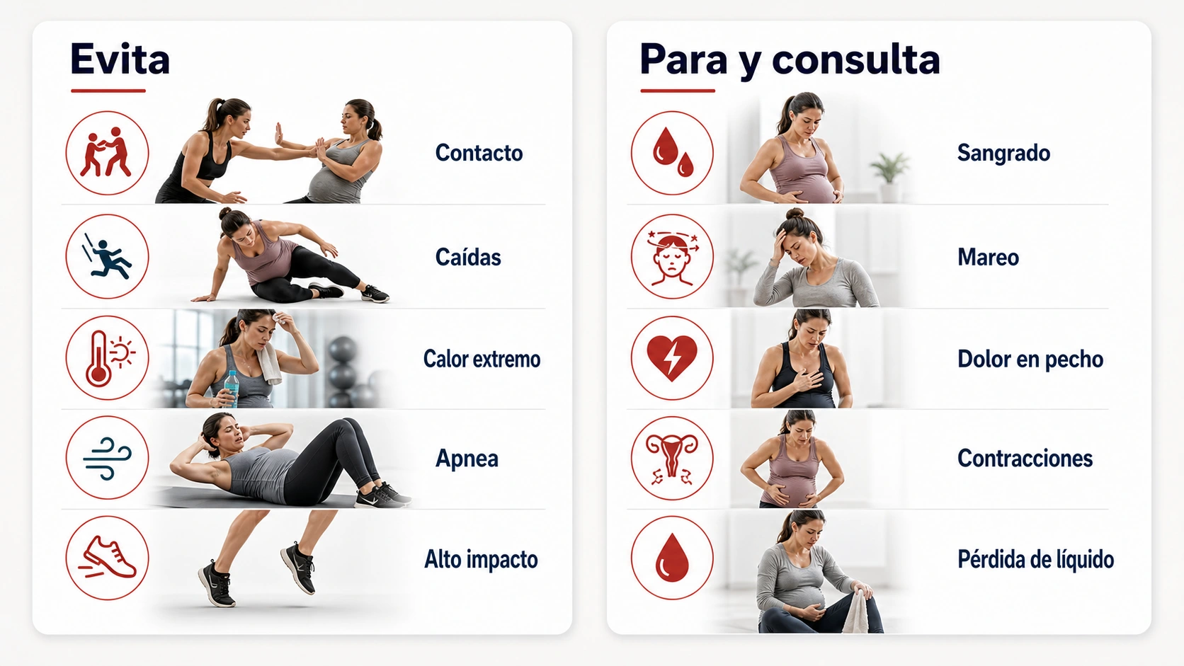 Infografia sobre ejercicios que evitar durante el embarazo y senales de alarma para parar y consultar