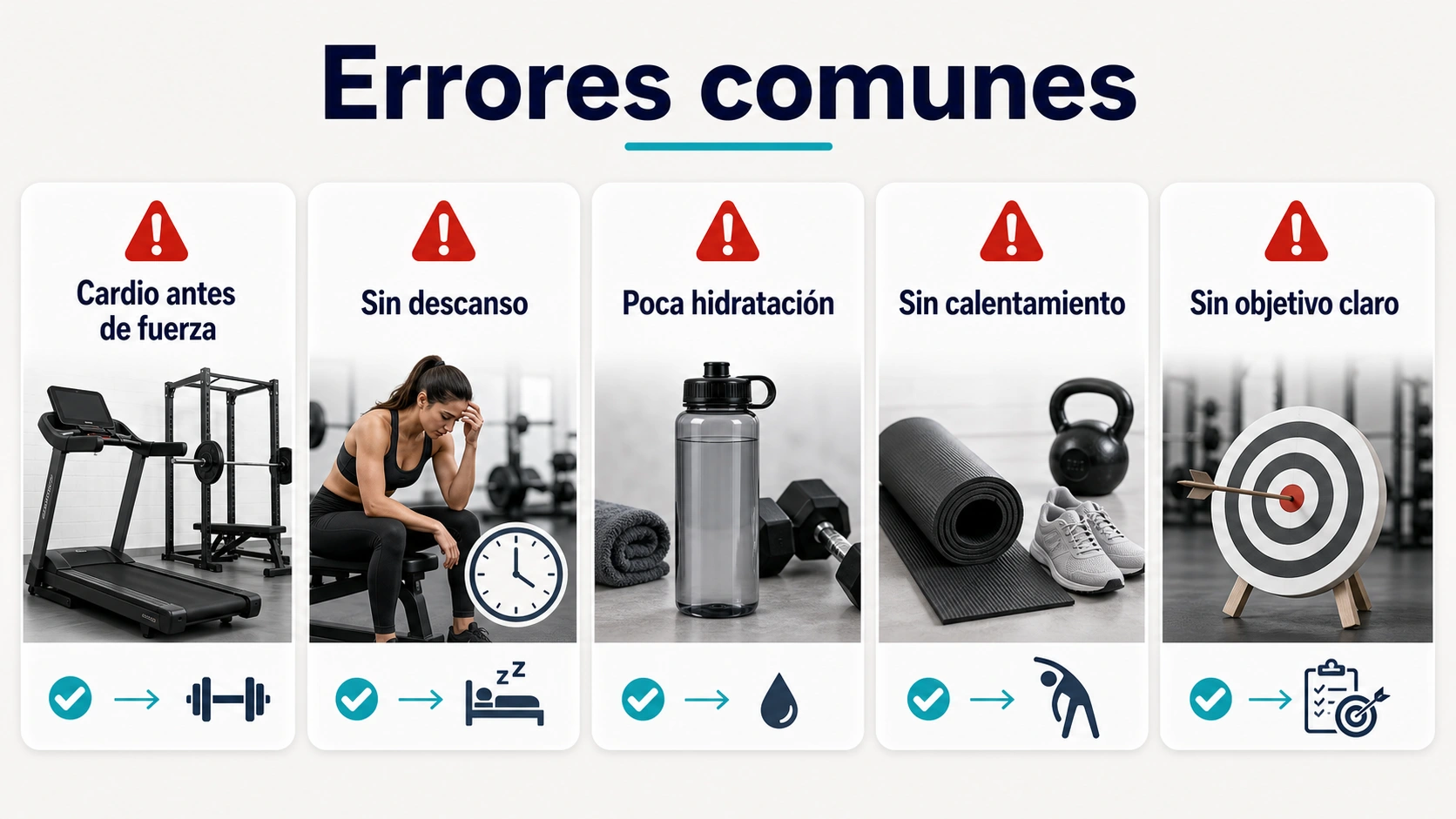 Errores comunes al combinar fuerza y cardio como cardio antes de fuerza sin descanso poca hidratacion sin calentamiento y sin objetivo claro