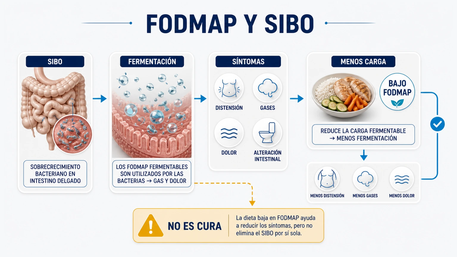Diagrama de FODMAP y SIBO con fermentación síntomas menos carga fermentable y aclaración de que no es cura