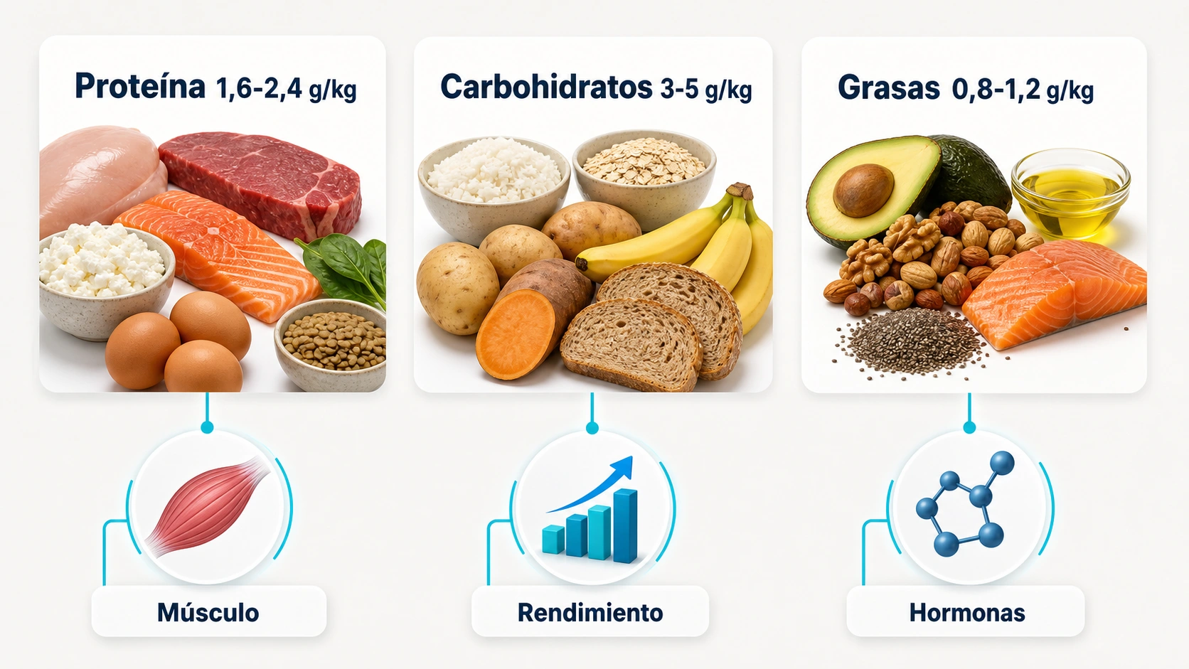 Infografia de macronutrientes en deficit calorico con proteina, carbohidratos y grasas para musculo, rendimiento y hormonas