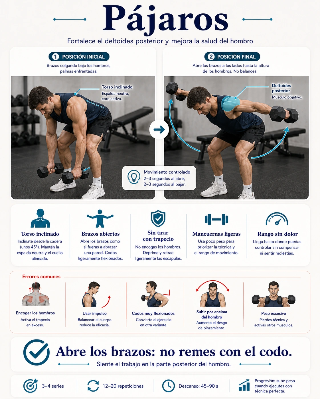 Pajaros reverse fly para deltoides posterior con torso inclinado brazos abiertos y mancuernas ligeras
