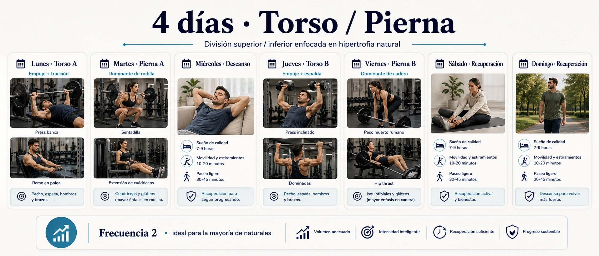 Rutina de culturismo natural de cuatro dias torso pierna con torso A pierna A torso B pierna B y recuperacion