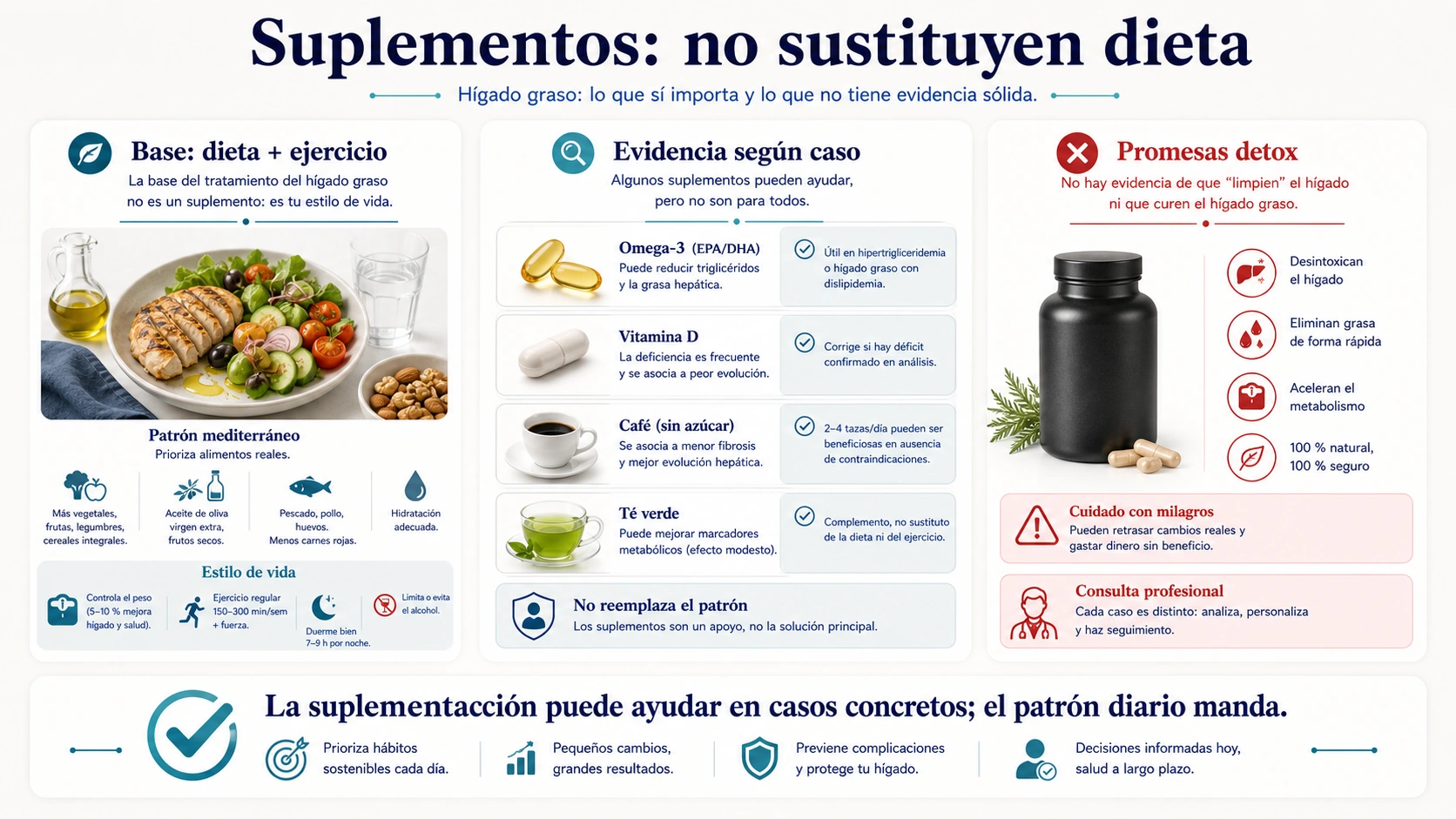 Suplementos para higado graso con base de dieta y ejercicio evidencia segun caso y advertencia sobre promesas detox