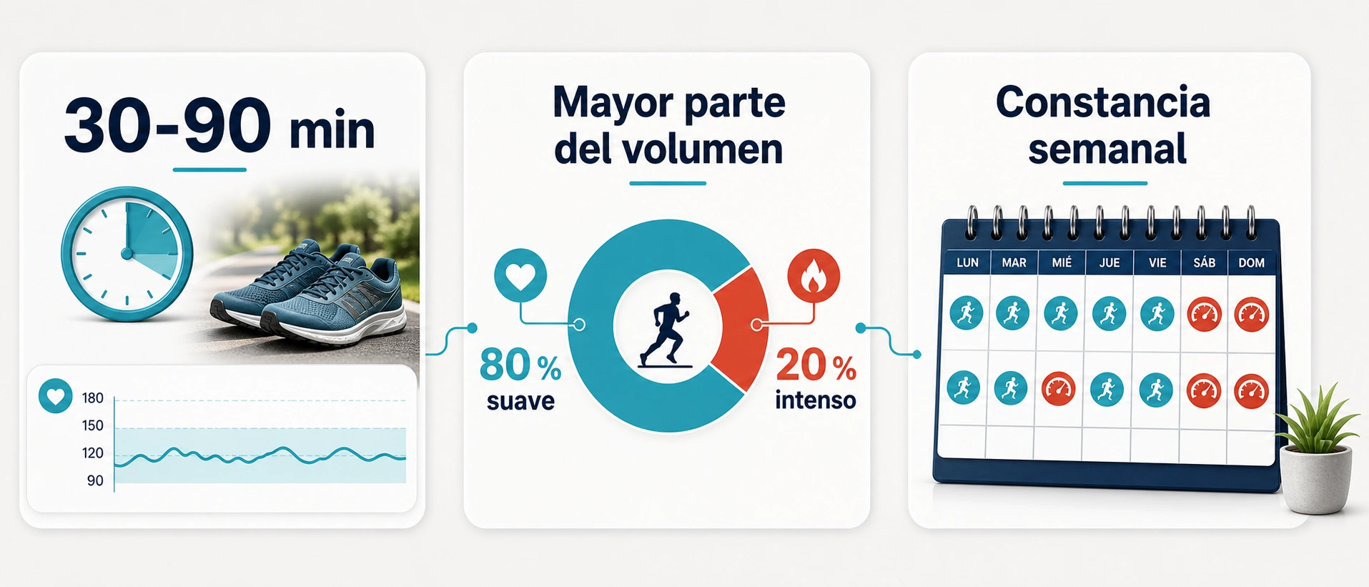 Infografia sobre tiempo y frecuencia de correr en zona 2 con treinta a noventa minutos ochenta por ciento suave y constancia semanal