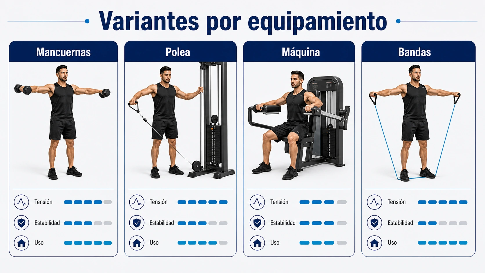 Comparativa de variantes por equipamiento para elevaciones laterales
