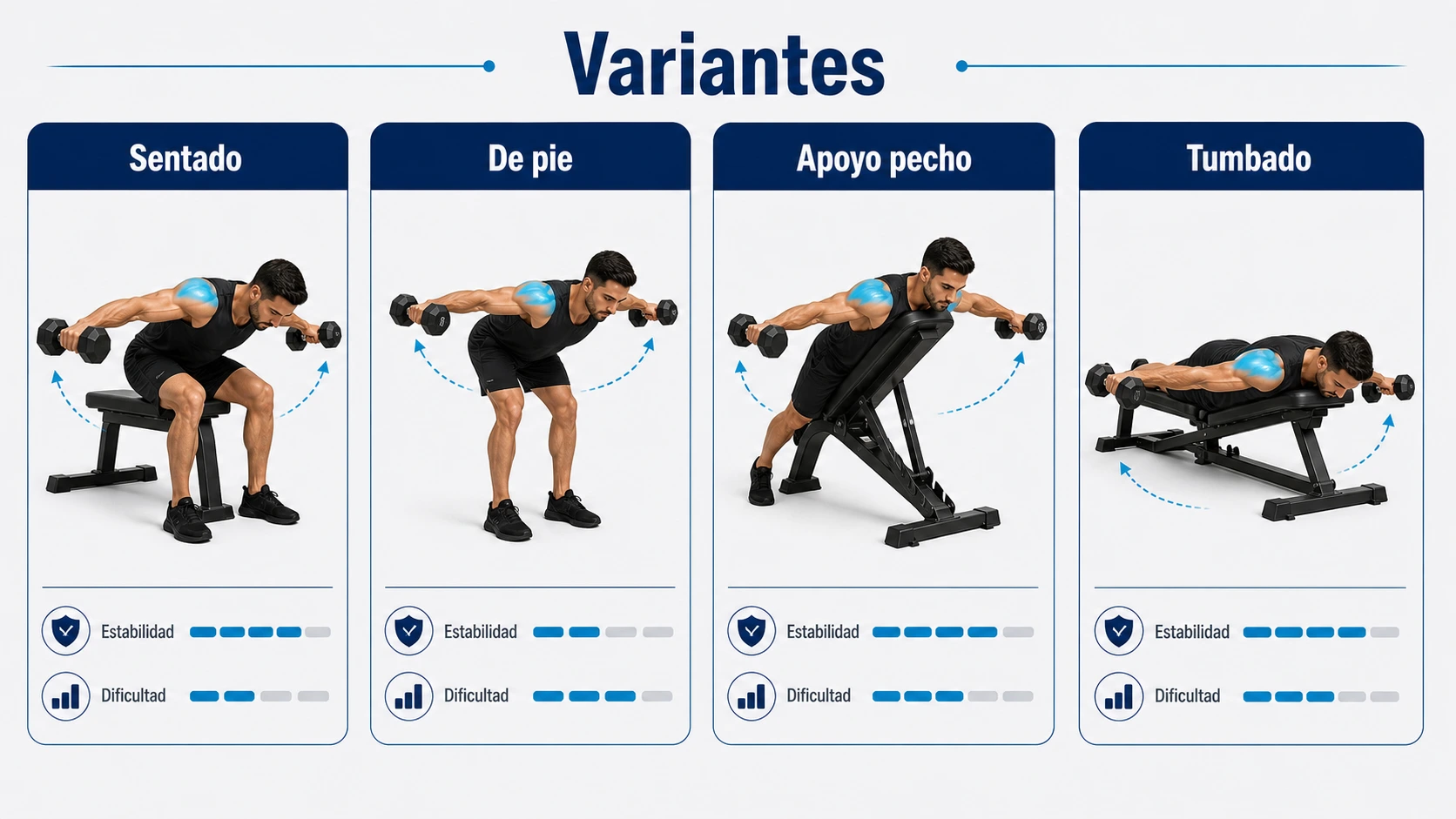Comparativa de variantes de pájaros con mancuernas incluyendo variante sentada inclinada