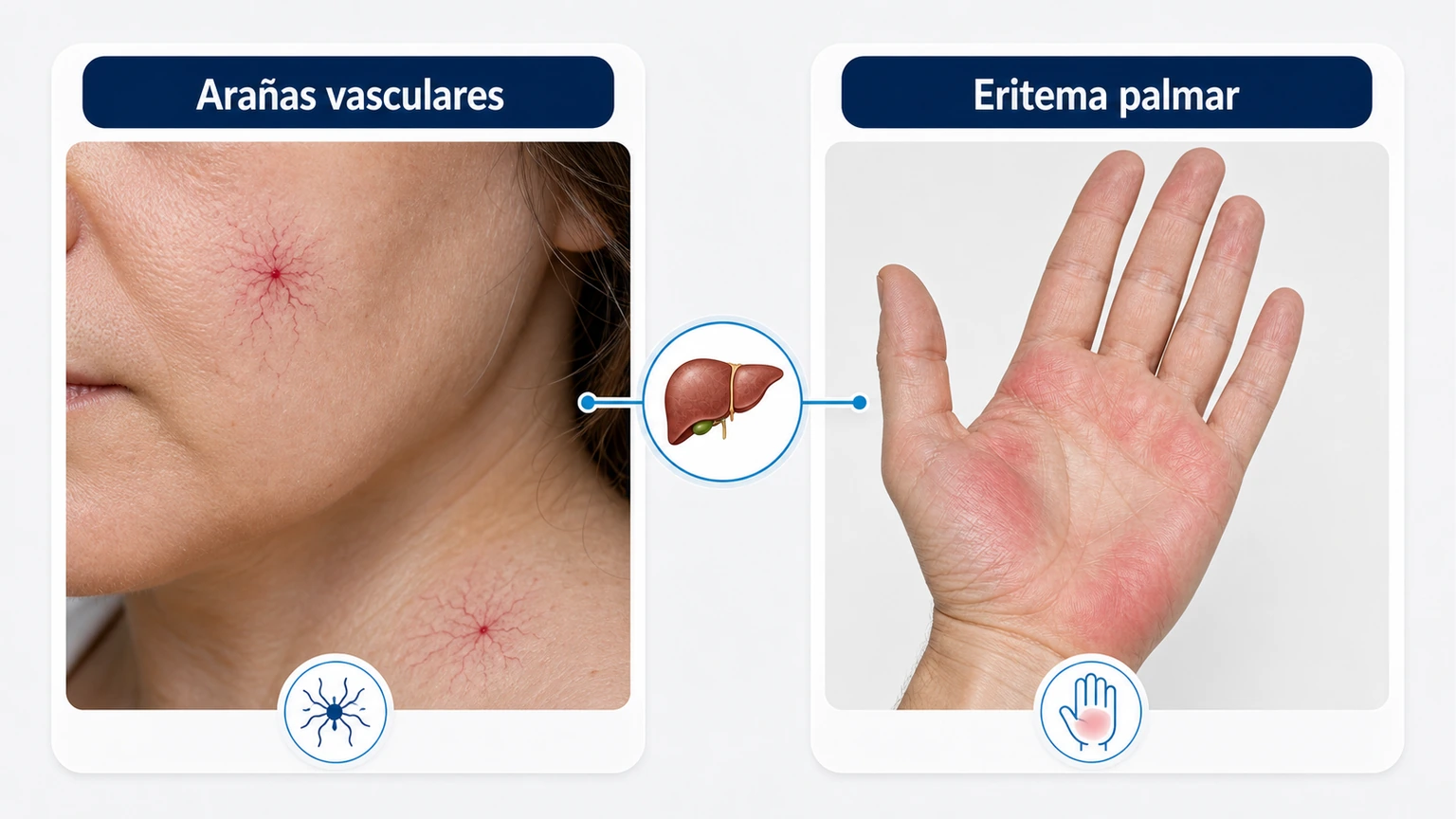 Comparativa clínica de arañas vasculares y eritema palmar como signos cutáneos