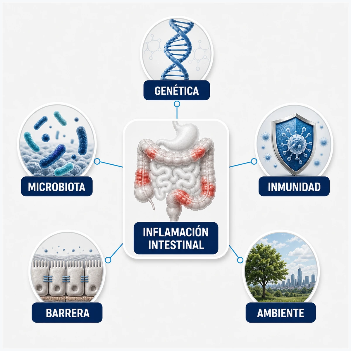 Mapa conceptual de causas del Crohn con genética microbiota inmunidad barrera intestinal y ambiente
